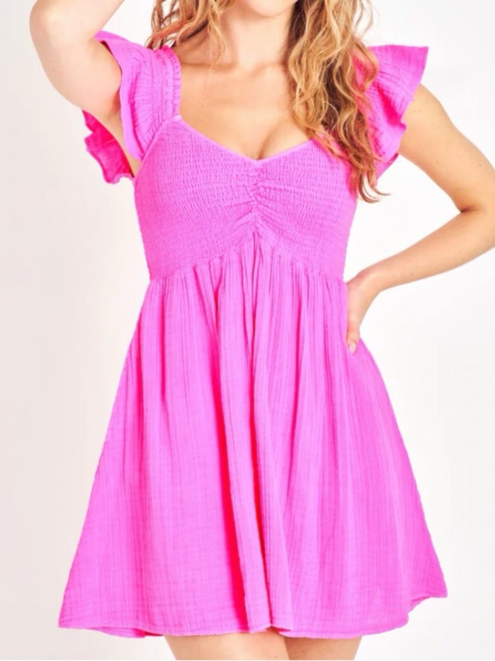 LoveShackFancy Athalia Flutter Sleeve Smocked Mini Dress
